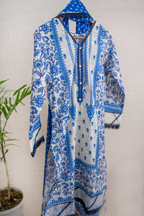 Azure Bloom white and royal blue luxury eid pret by Eviline Couture with lacework and embellished neckline