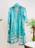 Celeste Aura cyan luxury Eid pret by Eviline Couture with botanical print and lace detailing