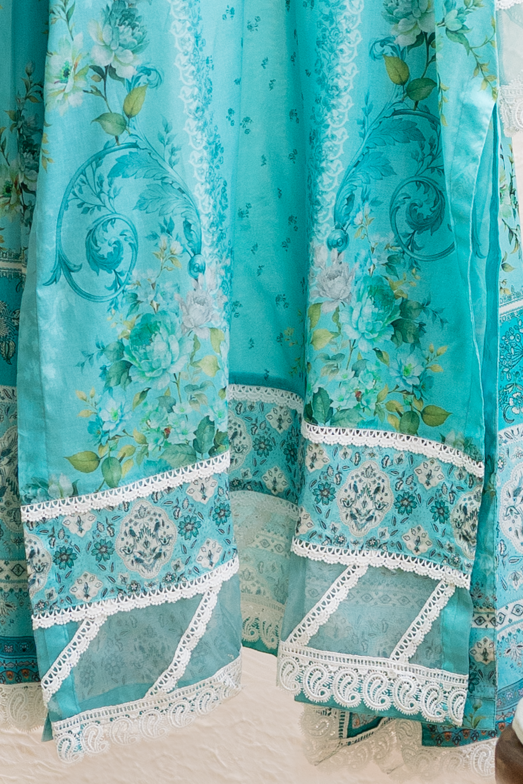 Daman Lacework view of cyan ready to wear Eid outfit with clean tailoring finish