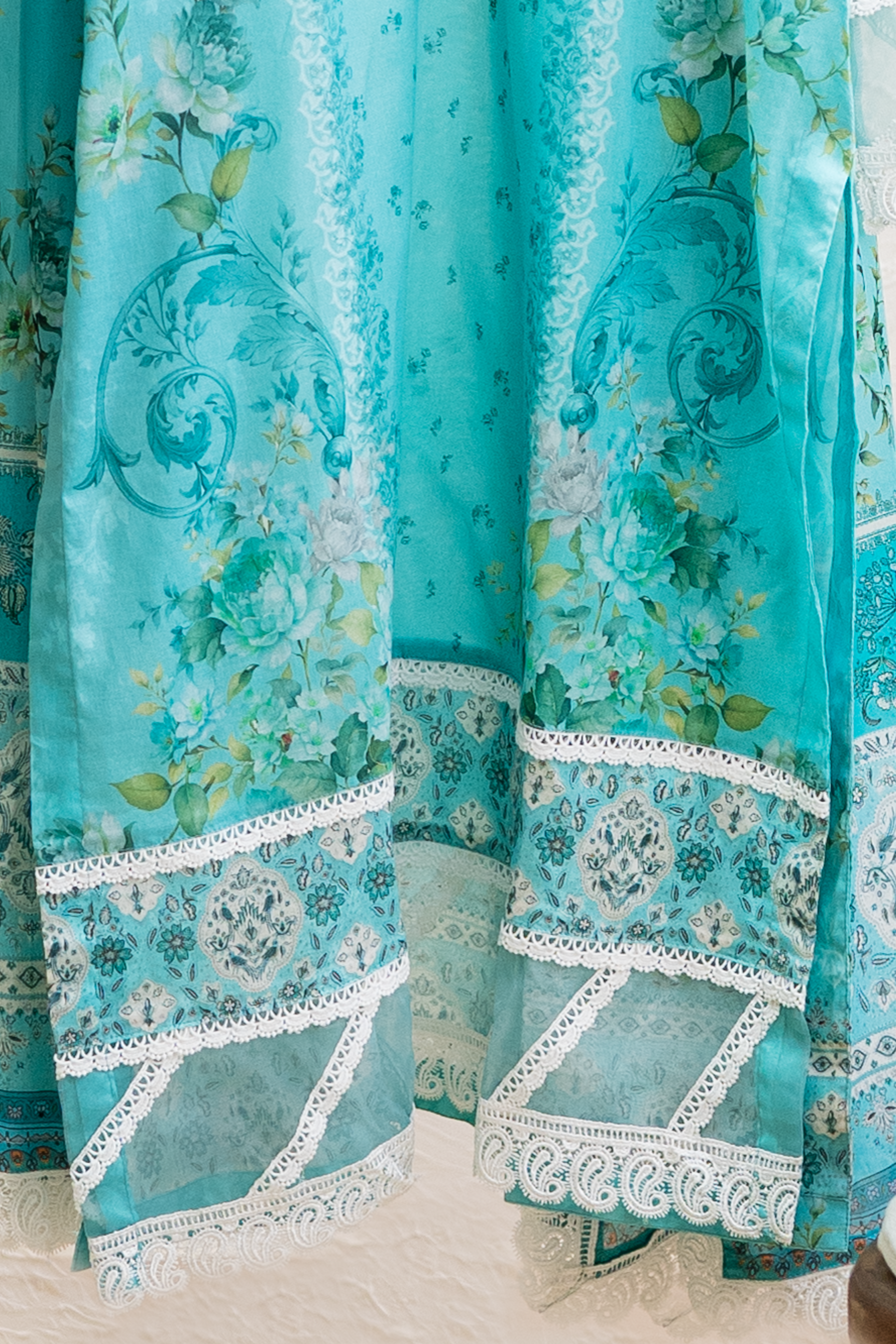 Daman Lacework view of cyan ready to wear Eid outfit with clean tailoring finish