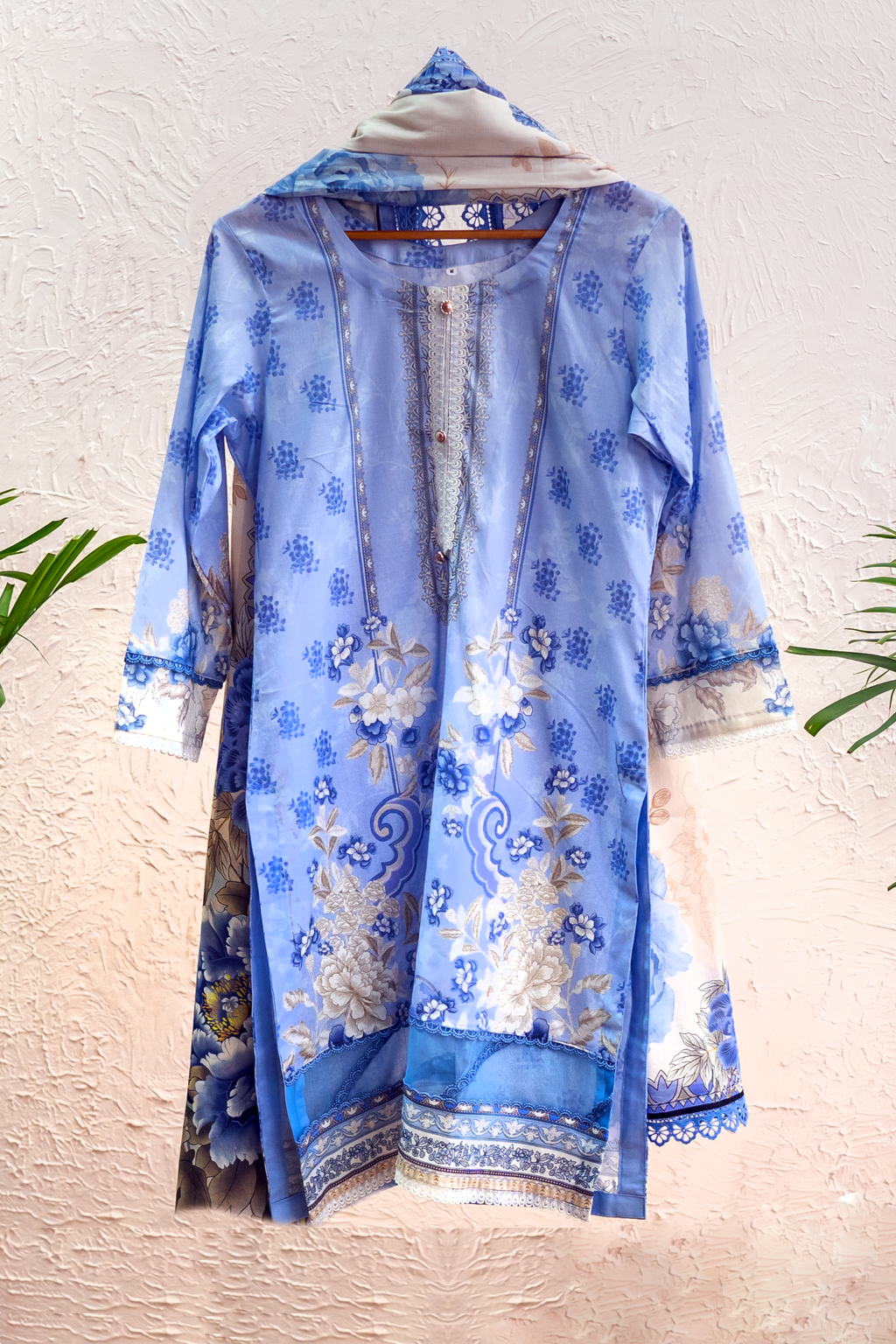 Celestia Royale bluish purple luxury Eid pret by Eviline Couture with contrast lacework and printed dupatta