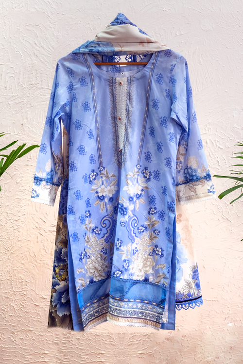 Celestia Royale bluish purple luxury Eid pret by Eviline Couture with contrast lacework and printed dupatta