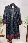 Midnight Noir black luxury Eid pret by Eviline Couture featuring multicolor floral print and lace detailing
