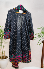 Midnight Noir black luxury Eid pret by Eviline Couture featuring multicolor floral print and lace detailing