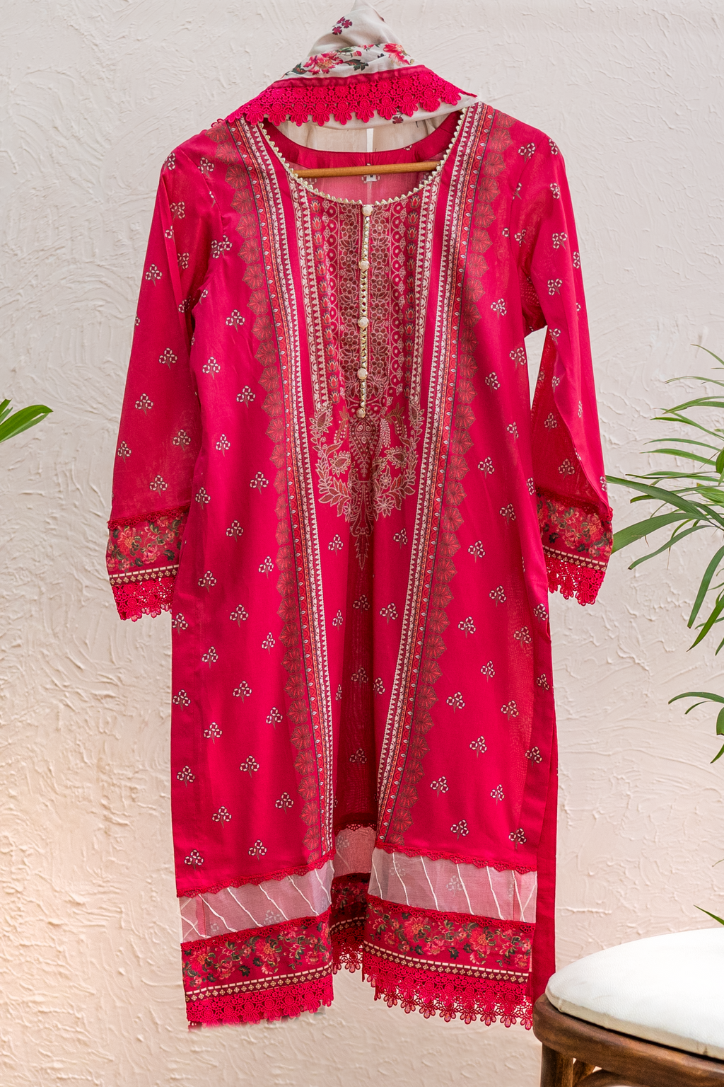 Rouge Élan bold pink luxury Eid pret by Eviline Couture with statement lacework and printed dupatta