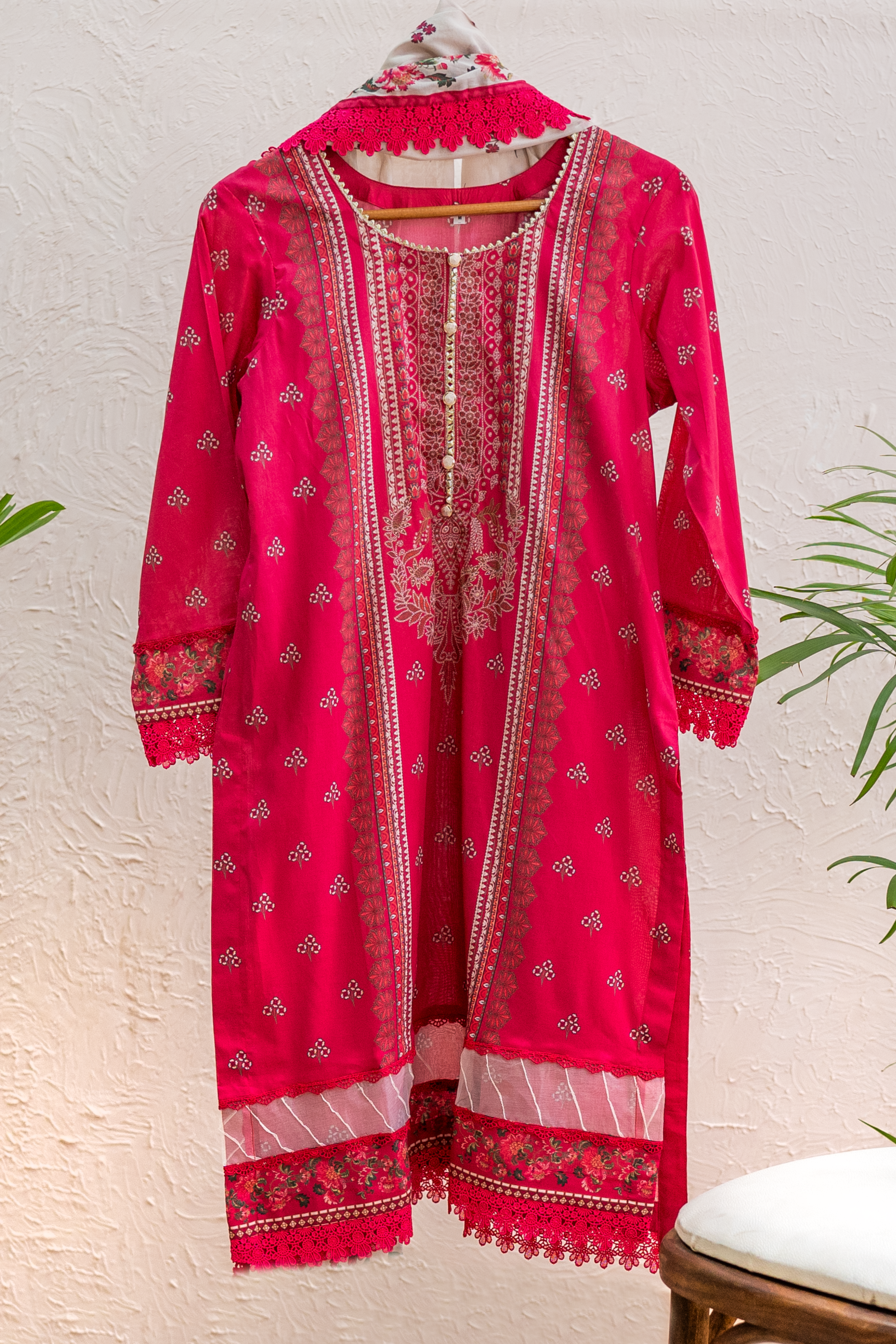 Rouge Élan bold pink luxury Eid pret by Eviline Couture with statement lacework and printed dupatta