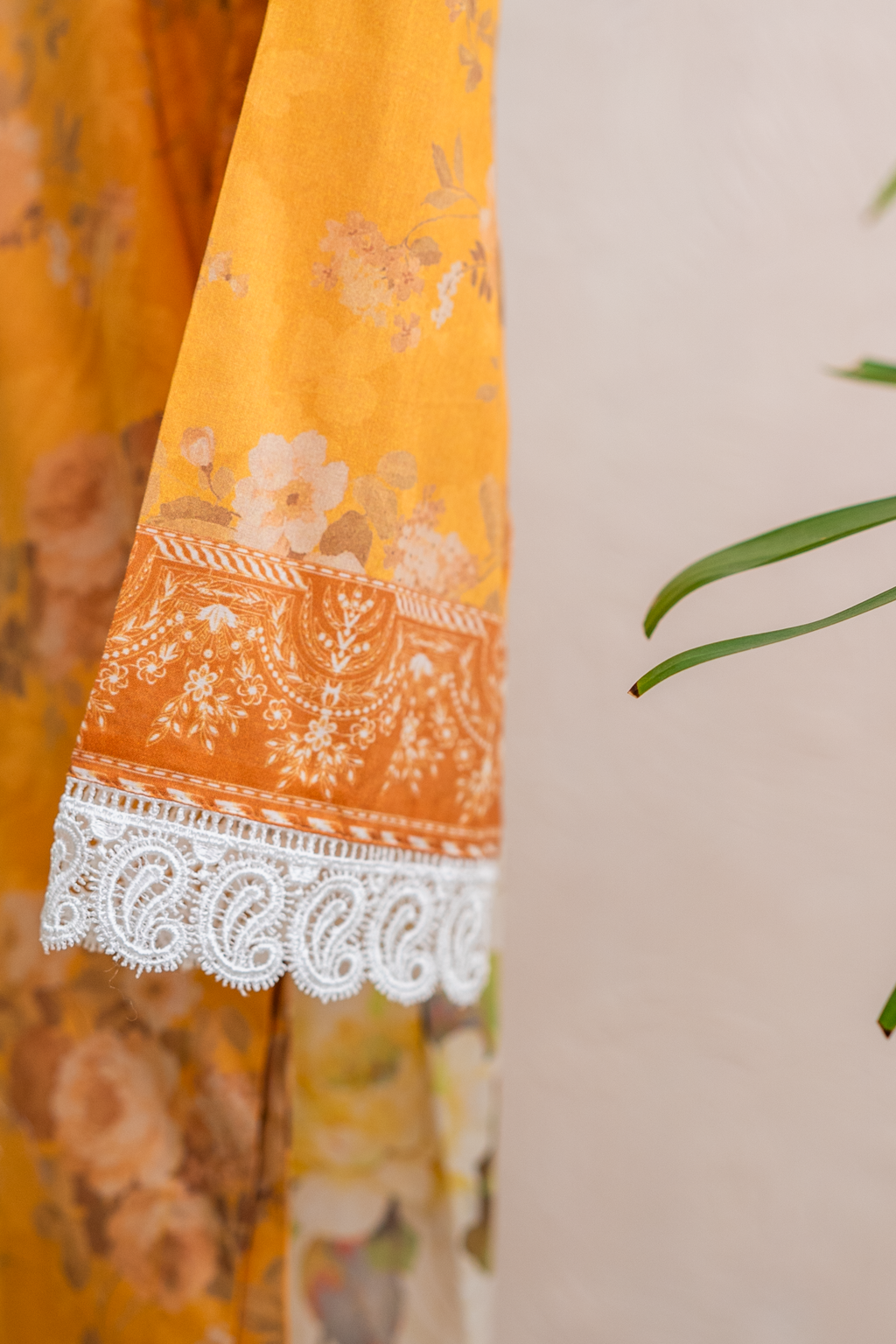 Mustard lawn sleeve with intricate lace finishing
