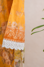 Mustard lawn sleeve with intricate lace finishing