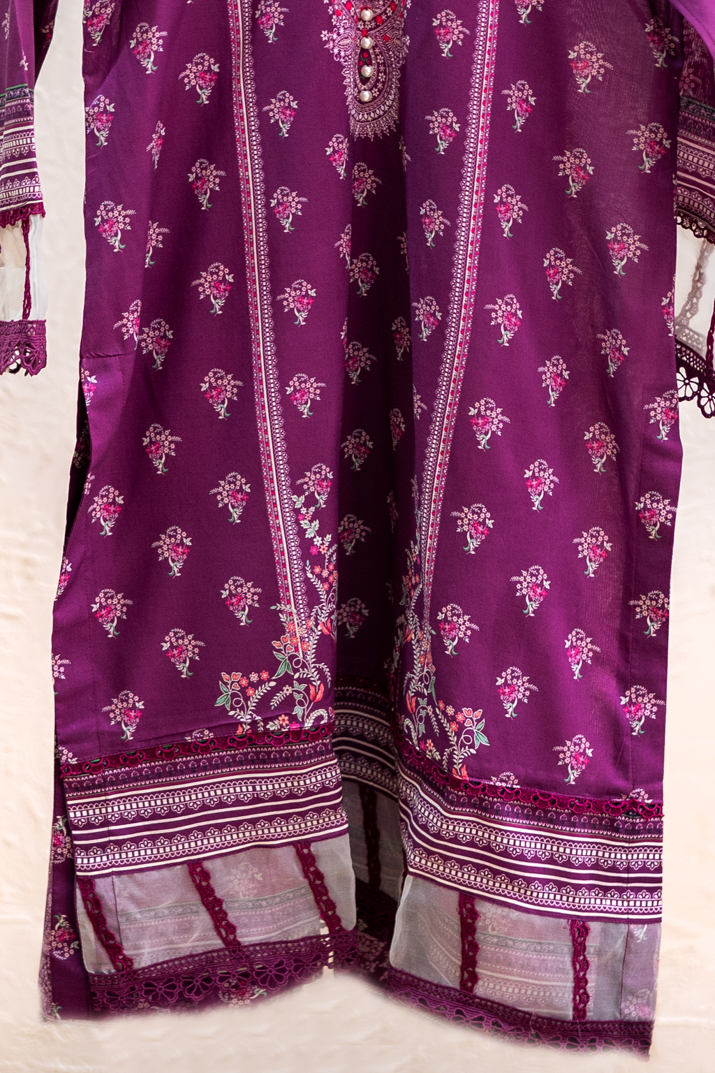 Contrast lace border on plum purple Eid shirt