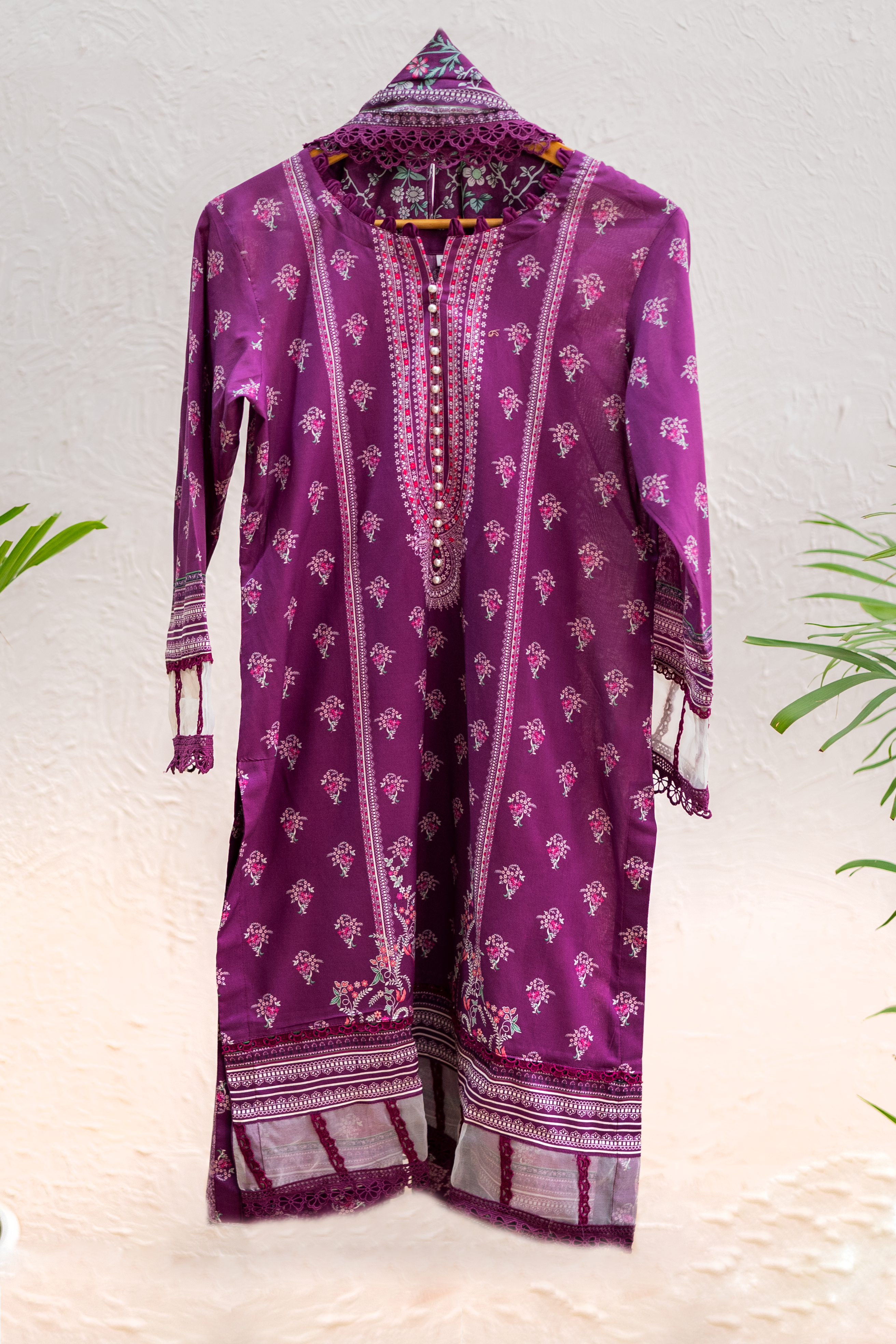 Velora Majeste deep purple luxury Eid pret by Eviline Couture with contrast lacework and printed dupatta