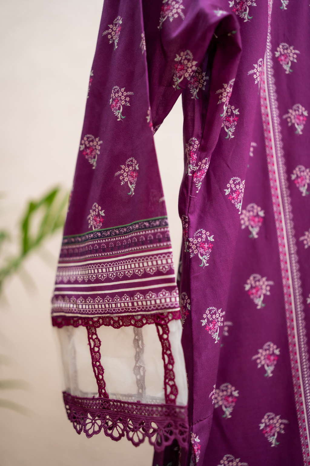 Deep purple premium lawn sleeve with intricate lace border