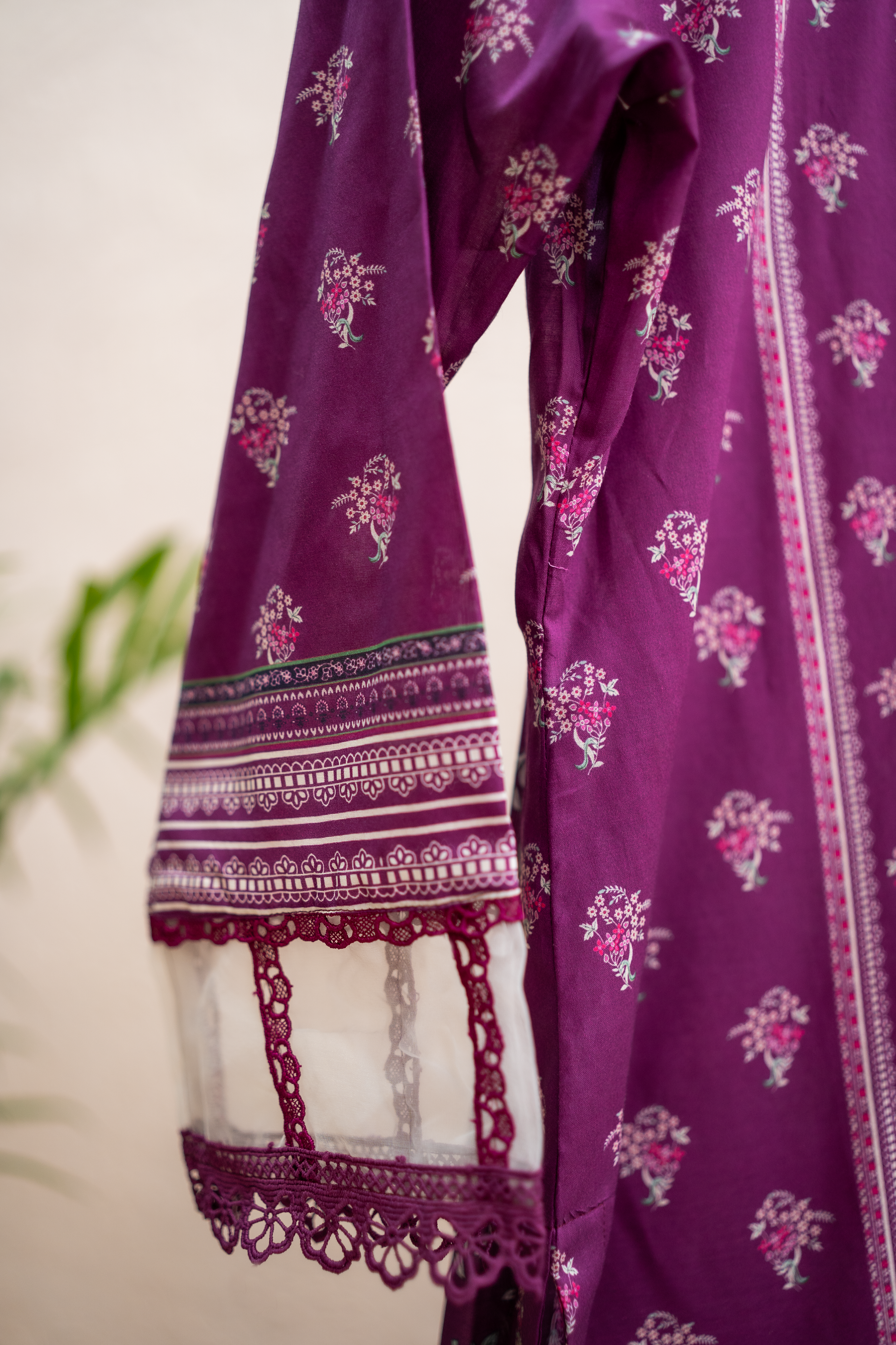 Deep purple premium lawn sleeve with intricate lace border