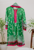 Verdant Grace apple green luxury Eid pret by Eviline Couture with white floral print and lace detailing
